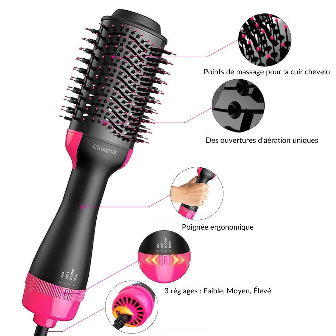 Brosse sèche-cheveux AirGlam 2-en-1 avec poignée ergonomique, points de massage, aérations et 3 réglages de température