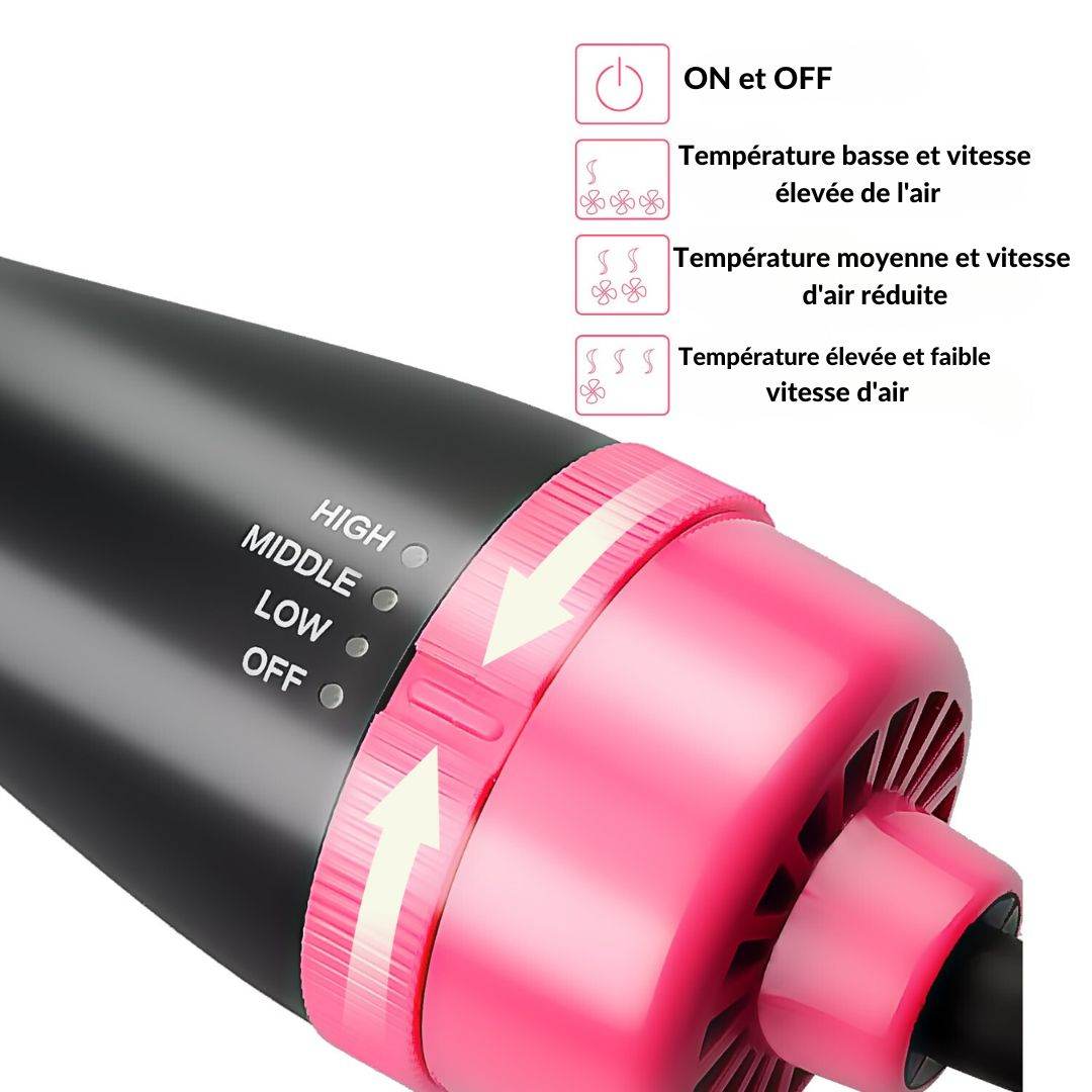 AirGlam brosse sèche-cheveux rose et noire avec réglages de température et vitesse d'air pour coiffage 2-en-1 rapide et protégé