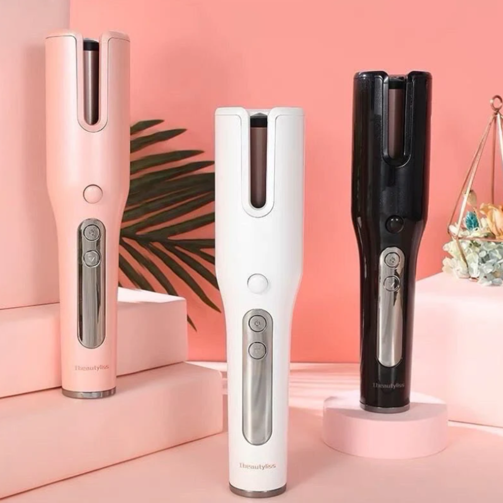 CurlMagic fer à boucler automatique sans fil en rose, blanc et noir avec écran LCD et revêtement céramique pour boucles parfaites