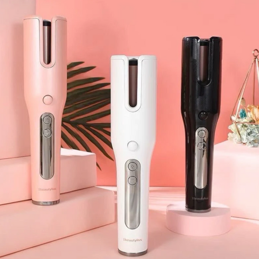 CurlMagic fer à boucler automatique sans fil en rose, blanc et noir avec écran LCD et revêtement céramique pour boucles parfaites