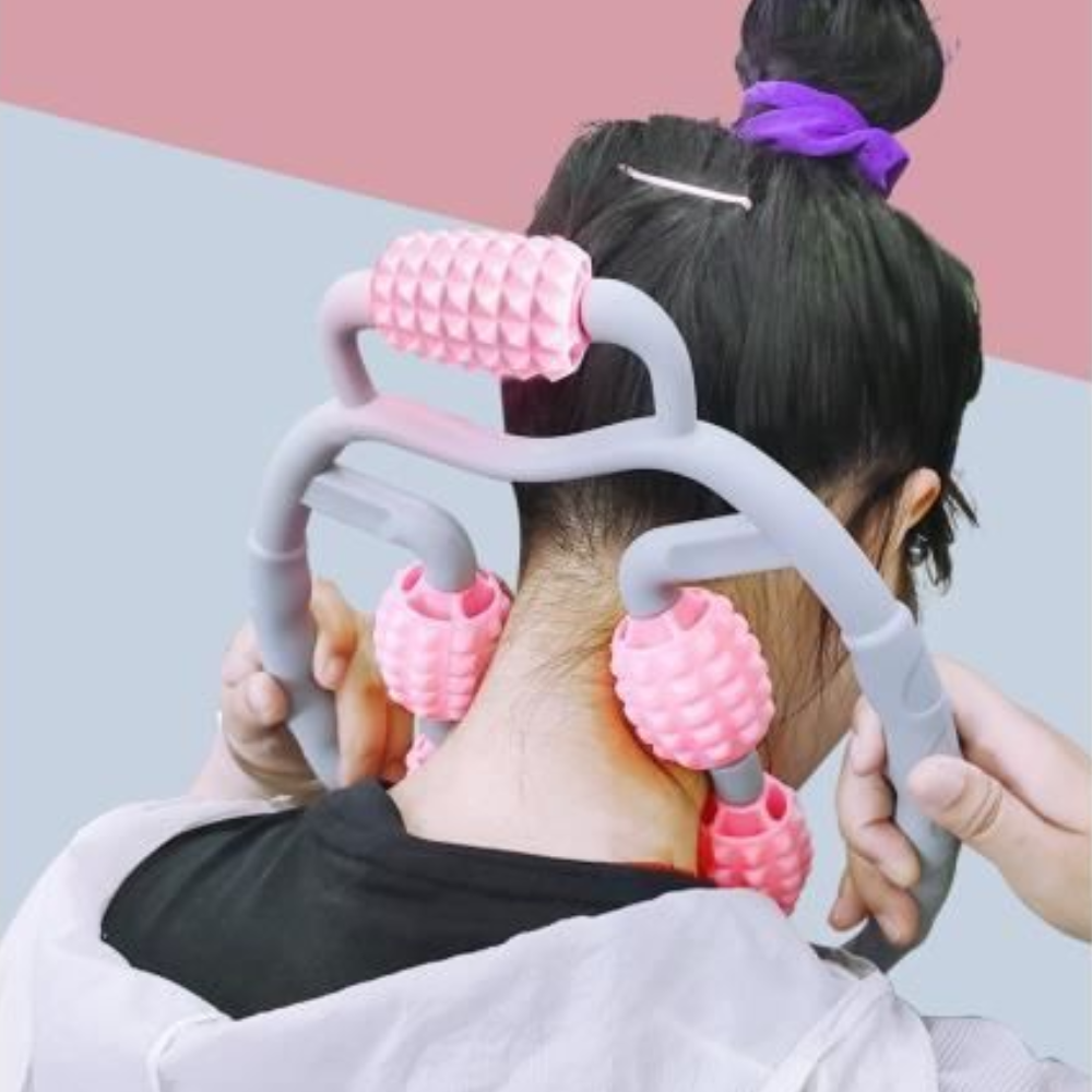 fleximass handheld circular roller massager with pink textured rollers used for neck massage