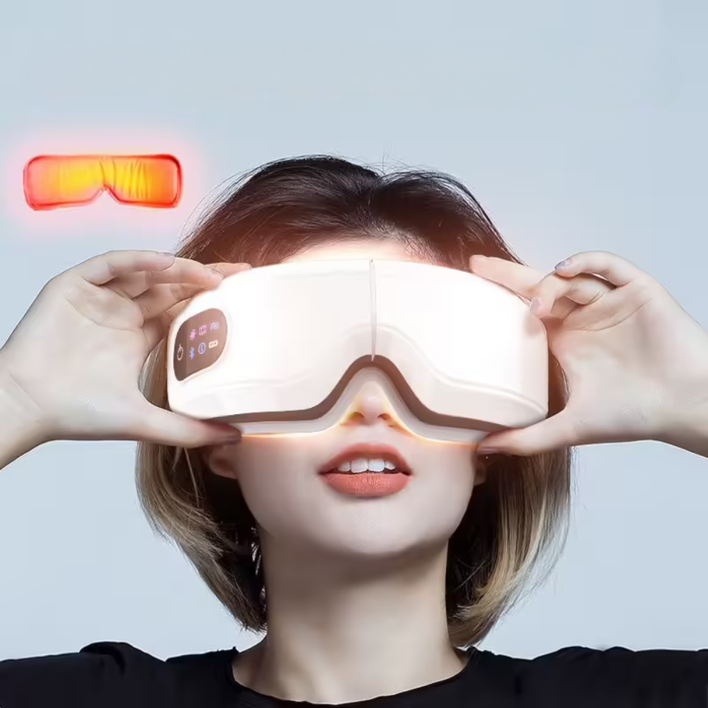 VisionRelax masseur oculaire avec technologie massage par pression d'air et Bluetooth pour soulagement migraines et relaxation yeux.
