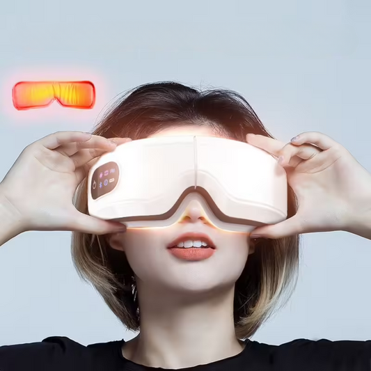 VisionRelax masseur oculaire avec technologie massage par pression d'air et Bluetooth pour soulagement migraines et relaxation yeux.