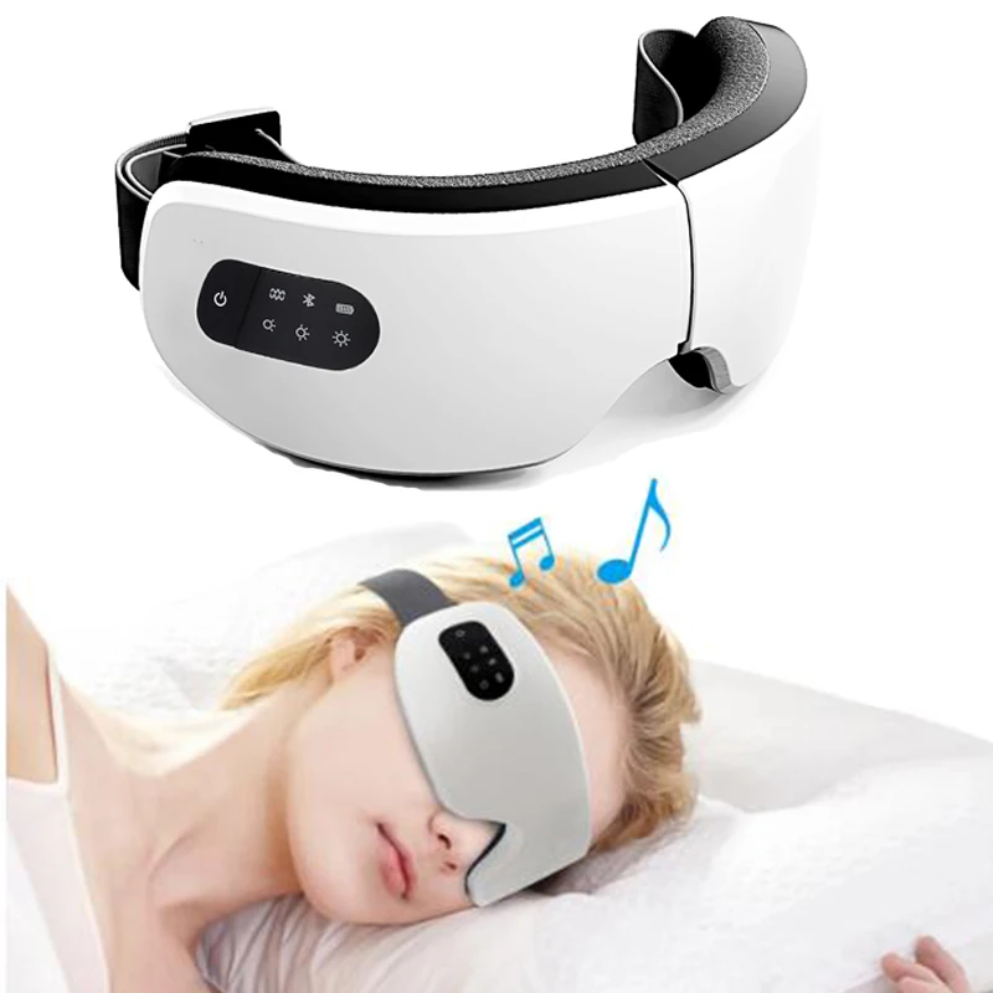 VisionRelax masseur oculaire blanc avec technologie Bluetooth pour soulagement des yeux fatigués et migraines