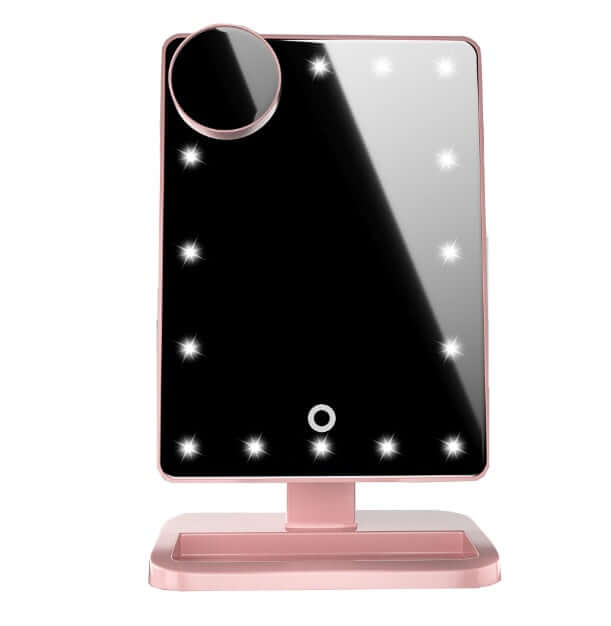 Miroir de maquillage tactile avec 20 LED, haut-parleur Bluetooth et loupe grossissante x10.