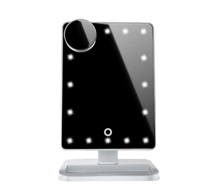 Miroir de maquillage tactile avec 20 LED, haut-parleur Bluetooth et loupe grossissante x10.