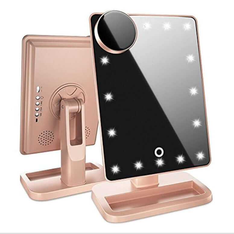 Miroir de maquillage tactile avec 20 LED, haut-parleur Bluetooth et loupe grossissante x10.